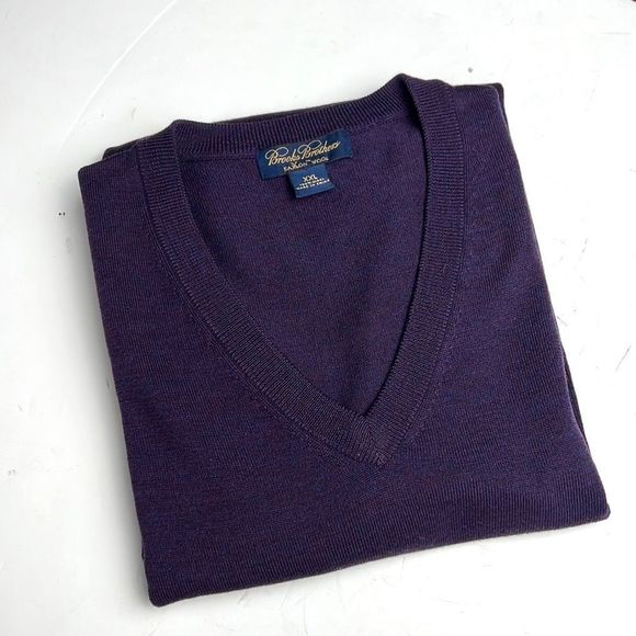 Brooks Brothers Saxxon Fine Merino Wool Purple V-neck Sweater Pullover XXL - Picture 2 of 12